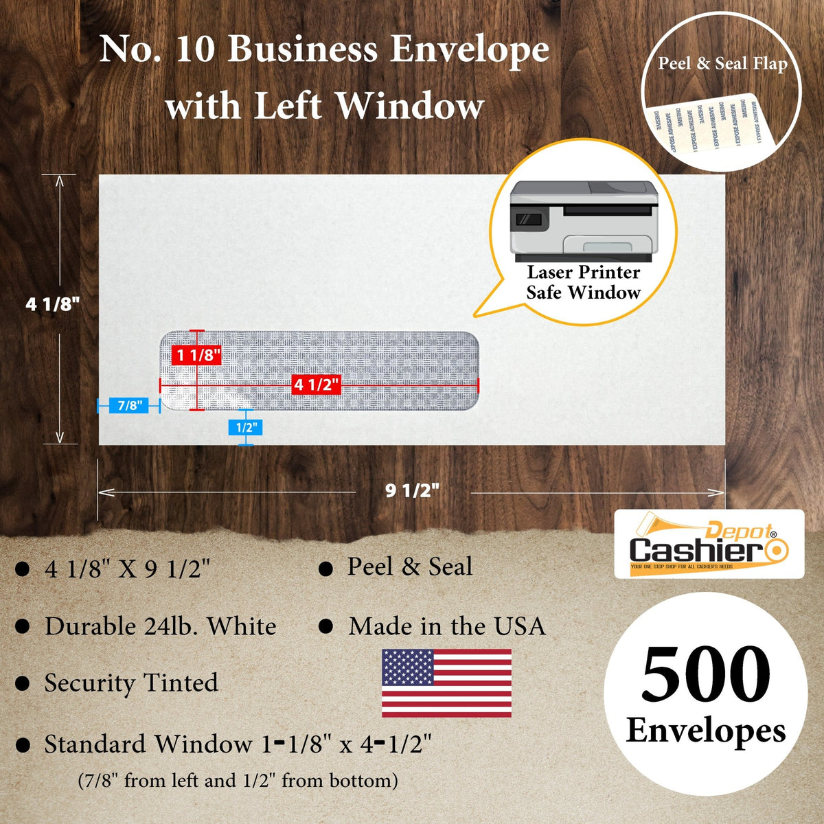 Cashier Depot #10 Business Envelopes – Left Window, Peel & Seal, Security Tinted, 100/Box