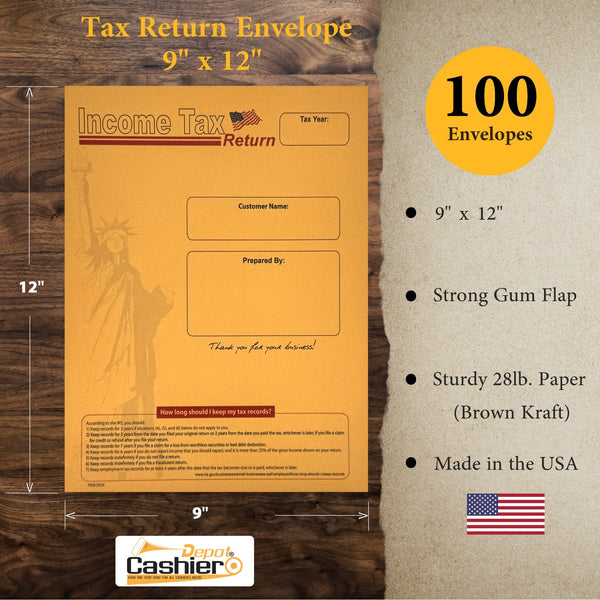 100 Income Tax Return Envelope for Customers, 9" x 12" Statue of Liberty Design, Sturdy 28lb. Brown Kraft, 100 Envelopes - Cashier Depot