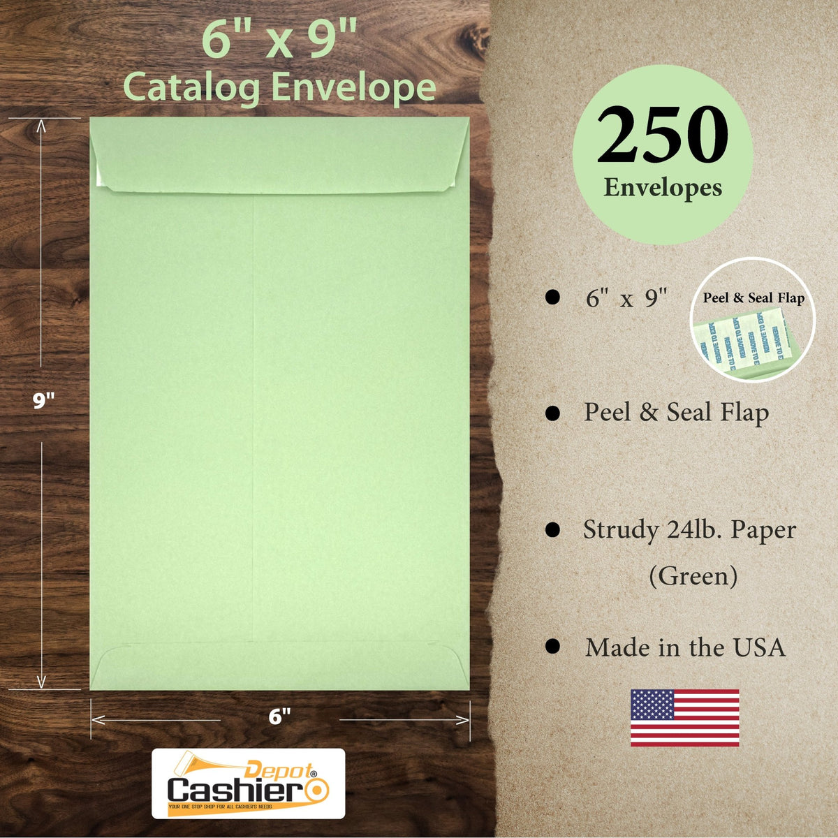 6" x 9" Catalog Envelopes, 24lb. Green, Peel & Seal Flap Cashier Depot