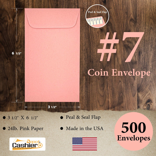 #7 Coin Envelopes, 3-1/2" X 6-1/2", Sturdy 24lb. Pink, Peel & Seal Flap - Cashier Depot