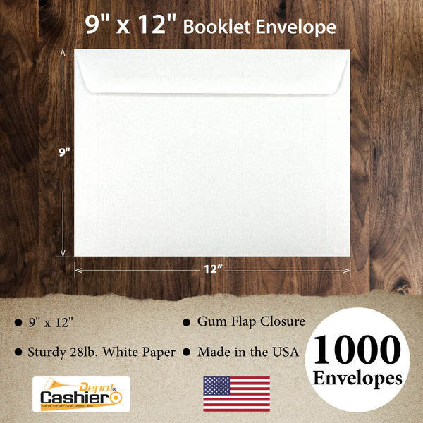 9" x 12" Booklet Envelopes, Sturdy 28lb. White, Gum Flap - Cashier Depot