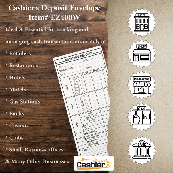 Cashier's Deposit Report Envelope EZ400W, 4 1/8" x 9 1/2", Sturdy 24lb. White Paper, Gum Flap (EZ400W)