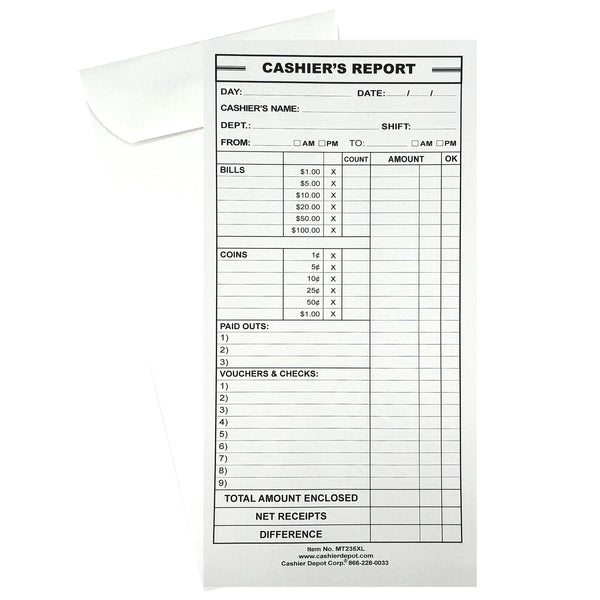 Cashier's Report Envelope MT235XL, 6 1/2" x 13" X-LARGE SIZE, Sturdy 28lb White Paper, Gum Flap (MT235XL)