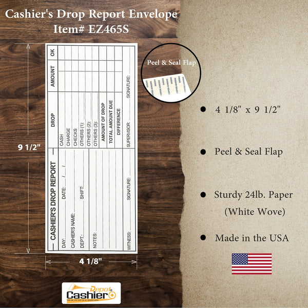 Cashier Depot EZ465S Cashier's Drop Report Envelope, 4 1/8" x 9 1/2", Sturdy 24lb White, Peel & Seal Flap (EZ465S) - Cashier Depot