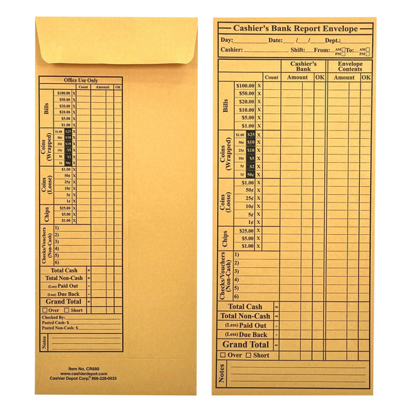 Cashier's Bank Report Envelopes CR680, 4 1/2" x 10 3/8", Sturdy 24lb. Brown Kraft, Gum Flap - Cashier Depot