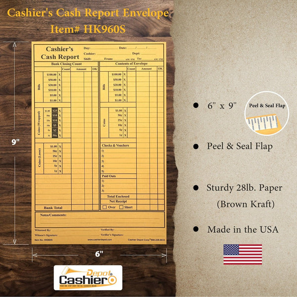 Cashier's Cash Report Envelope HK960S, 6" x 9", Open End, Sturdy 28lb Brown Kraft, Peel & Seal Flap (HK960S) - Cashier Depot