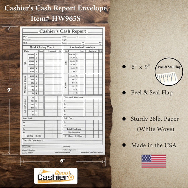Cashier's Cash Report Envelope HW965S, 6" x 9", Open End, Sturdy 28lb White, Peel & Seal Flap (HW965S) - Cashier Depot