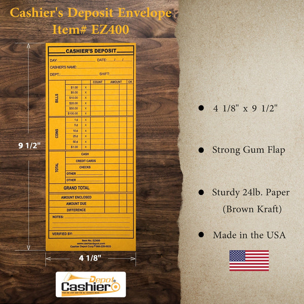 Cashier's Deposit Report Envelope EZ400, 4 1/8" x 9 1/2", Sturdy 24lb. Brown Kraft Paper, Gum Flap (EZ400) - Cashier Depot