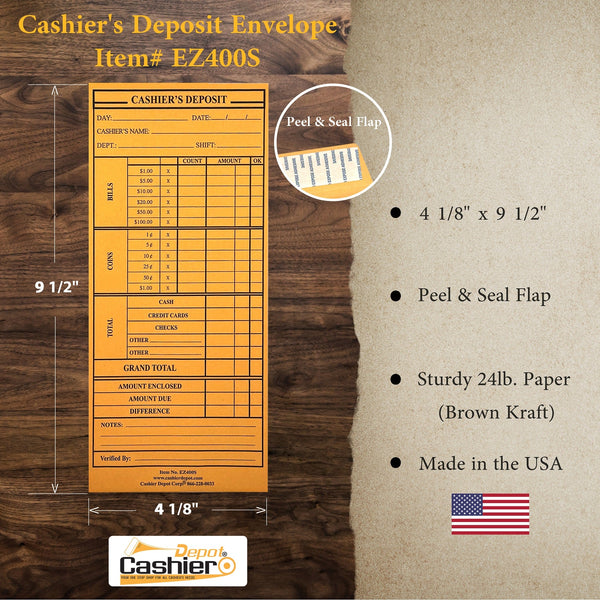 Cashier's Deposit Report Envelope EZ400S, 4 1/8" x 9 1/2", Sturdy 24lb. Brown Kraft paper, Peel & Seal Flap (EZ400S) - Cashier Depot