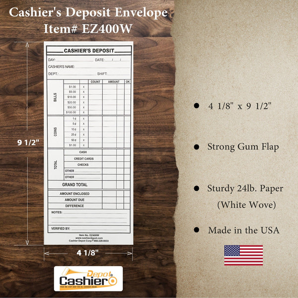 Cashier's Deposit Report Envelope EZ400W, 4 1/8" x 9 1/2", Sturdy 24lb. White Paper, Gum Flap (EZ400W) - Cashier Depot