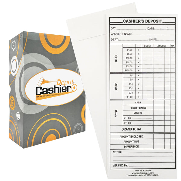 Cashier's Deposit Report Envelope EZ400W, 4 1/8" x 9 1/2", Sturdy 24lb. White Paper, Gum Flap (EZ400W) - Cashier Depot