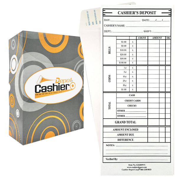 Cashier's Deposit Report Envelope EZ400WS, 4 1/8" x 9 1/2", Sturdy 24lb. White paper, Peel & Seal Flap (EZ400WS) - Cashier Depot