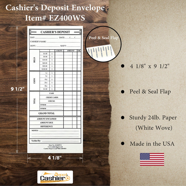 Cashier's Deposit Report Envelope EZ400WS, 4 1/8" x 9 1/2", Sturdy 24lb. White paper, Peel & Seal Flap (EZ400WS) - Cashier Depot
