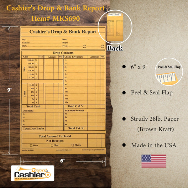 Cashier's Drop & Bank Report Envelope MKS690, 6" x 9", Peel & Seal, Open End, Sturdy 28lb Kraft (MKS690) - Cashier Depot