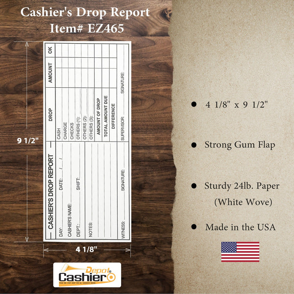 Cashier's Drop Report Envelope EZ465, 4 1/8" x 9 1/2", Sturdy 24lb. White Paper, Gum Flap (EZ465) - Cashier Depot