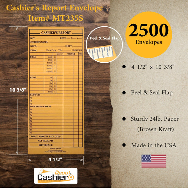 Cashier's Report Envelope MT230S, 4 1/2" x 10 3/8", Sturdy 24lb. Brown Kraft, Peel & Seal Flap - Cashier Depot