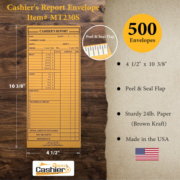 Cashier's Report Envelope MT230S, 4 1/2" x 10 3/8", Sturdy 24lb. Brown Kraft, Peel & Seal Flap - Cashier Depot