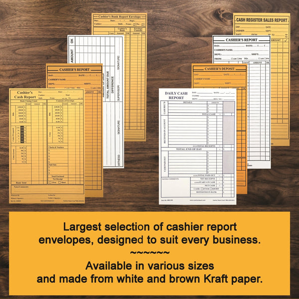 Cashier's Report Envelope MT235XL, 6 1/2" x 13" X - LARGE SIZE, Sturdy 28lb White Paper, Gum Flap (MT235XL) - Cashier Depot