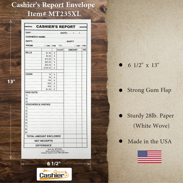 Cashier's Report Envelope MT235XL, 6 1/2" x 13" X - LARGE SIZE, Sturdy 28lb White Paper, Gum Flap (MT235XL) - Cashier Depot