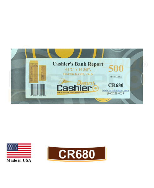 Cashier's Bank Report Envelopes, CR680, 4 1/2" x 10 3/8", Sturdy 24lb. Brown Kraft, Strong Gum Flap, 500/Box