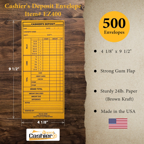Cashier Depot EZ400 Cashier's Deposit Report Envelope, 4 1/8" x 9 1/2", Sturdy 24lb. Brown Kraft Paper, Gum Flap