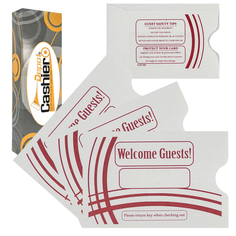 Hotel/ Motel "Welcome Guest" Key Card Sleeve, 2 3/8" X 3 1/2", Printed in Burgundy, Premium 24lb. Paper, 500/Box (KCB238B) - Cashier Depot