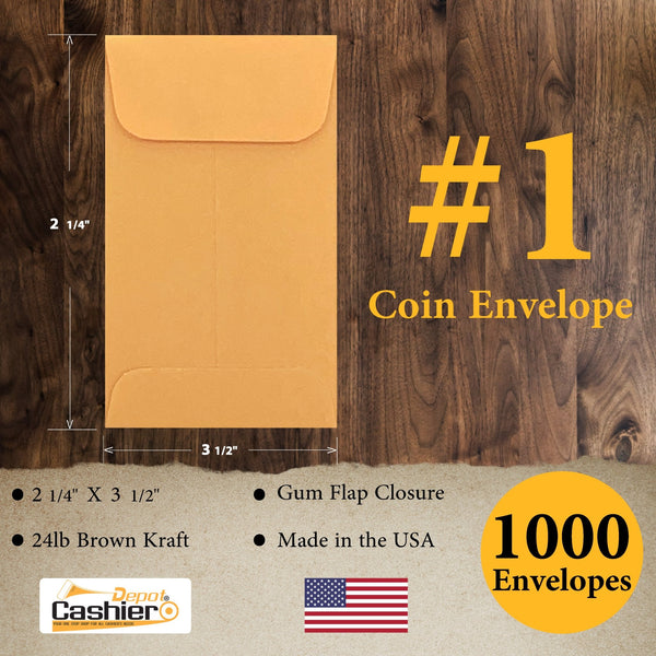 #1 Coin Envelopes, 2-1/4" X 3-1/2", Gum Flap, 24lb. Brown Kraft - Cashier Depot