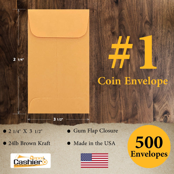 #1 Coin Envelopes, 2-1/4" X 3-1/2", Gum Flap, 24lb. Brown Kraft - Cashier Depot