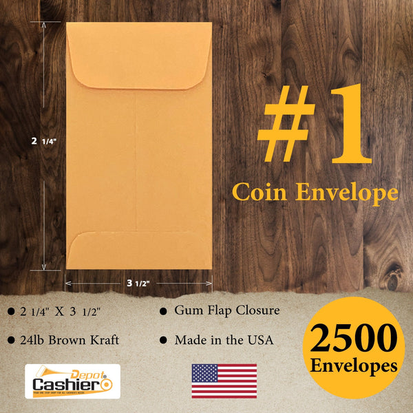 #1 Coin Envelopes, 2-1/4" X 3-1/2", Gum Flap, 24lb. Brown Kraft - Cashier Depot