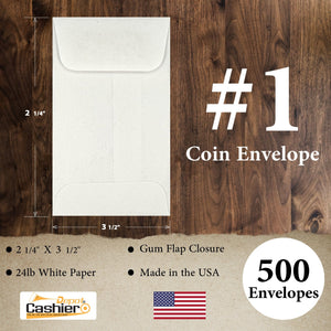 #1 Coin Envelopes, 2-1/4" X 3-1/2", Gum Flap, Sturdy 24lb. White Paper - Cashier Depot