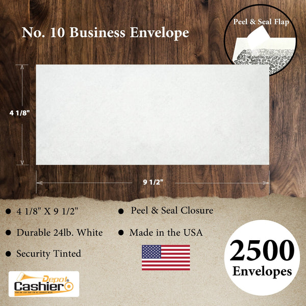 #10 Business Envelope, 4 1/8 X 9 1/2, Security Tinted, Sturdy 24lb White, Peel & Seal - Cashier Depot