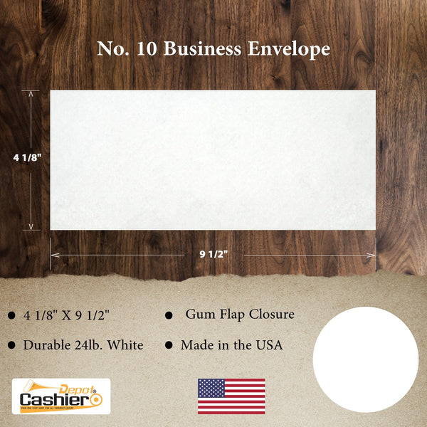10 Business Envelopes – 4 1/8" x 9 1/2" – Sturdy 24lb White Wove – Gum Flap – Professional Mailing & Office Use (BE10G) - Cashier Depot