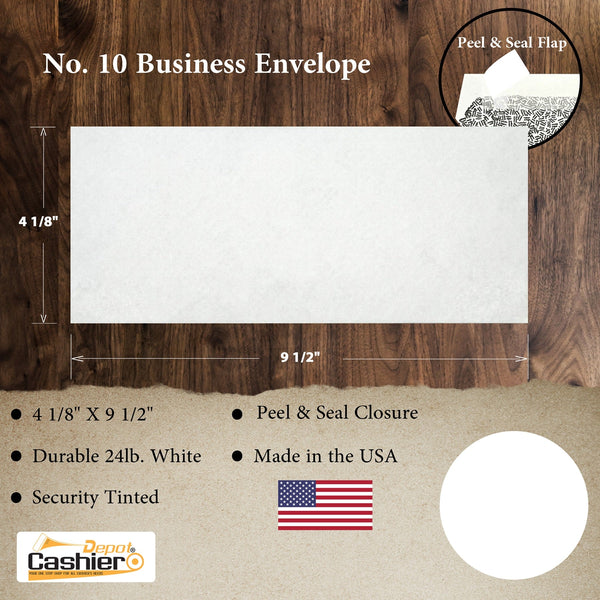 10 Business Envelopes – 4 1/8" x 9 1/2" – Sturdy 24lb White Wove – Security Tinted – Peel & Seal – Professional Mailing & Office Use (BE10TS) - Cashier Depot