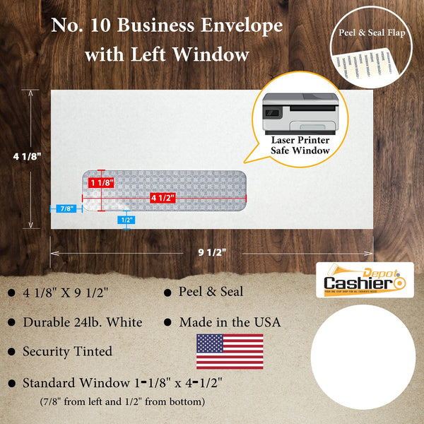 10 Business Envelopes with Laser Printer-Safe Left Window – 4 1/8" x 9 1/2" – Security Tinted – 24lb White Wove – Peel & Seal (BE10ZLW) - Cashier Depot
