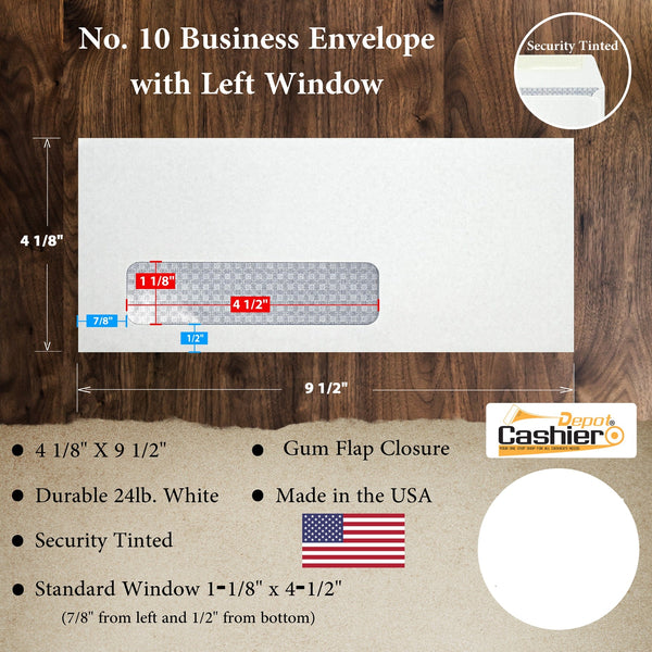 10 Business Envelopes with Left Window – 4 1/8" x 9 1/2" – Security Tinted – 24lb White Wove – Gummed Flap – Standard Window Size (GF10LWT) - Cashier Depot