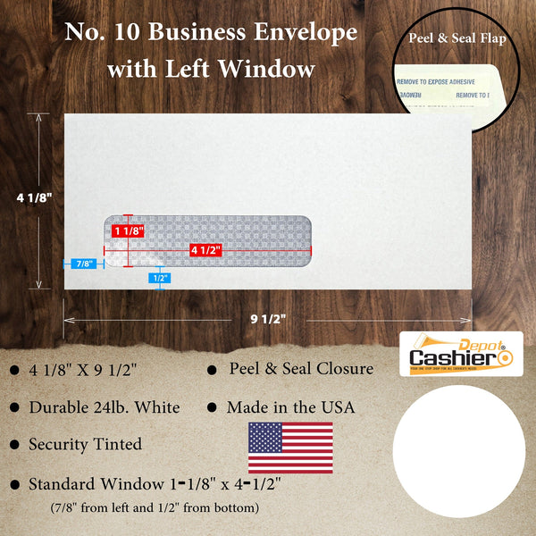 10 Business Envelopes with Left Window – 4 1/8" x 9 1/2" – Security Tinted – 24lb White Wove – Peel & Seal (BE10STW) - Cashier Depot