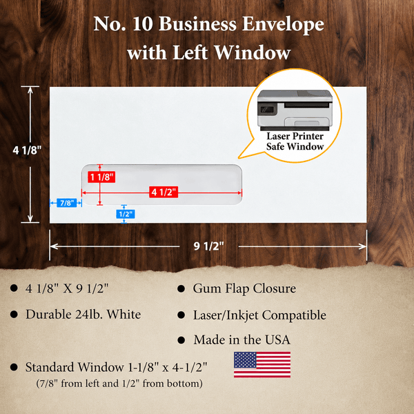 #10 Business Envelopes with Left Window – Laser Printer Compatible – 4 1/8" x 9 1/2", Gummed Flap, 24lb White Wove (GF10DLW) - Cashier Depot
