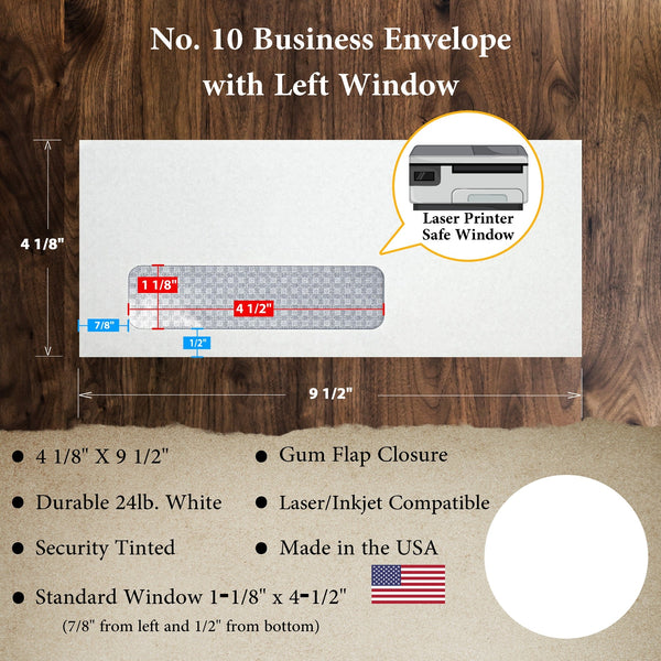 10 Business Envelopes with Left Window – Laser Printer Compatible – 4 1/8" x 9 1/2" – Security Tinted – 24lb White Wove – Gummed Flap (GF10XLW) - Cashier Depot