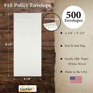 #10 Policy (Open End) Envelope, 4 1/8 x 9 1/2, Sturdy 24lb. White, Peel & Seal Flap, 500/Box - Cashier Depot