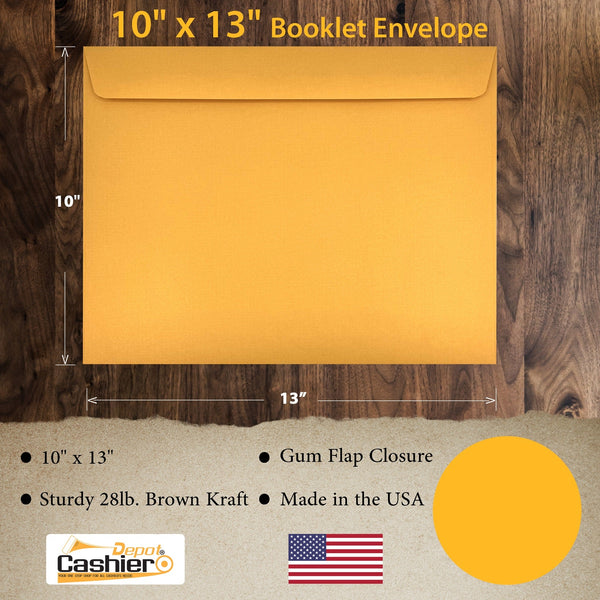 10" x 13" Booklet Envelopes, Heavy 28 lb. Brown Kraft, Strong Gum Flap, Open Side (GF1013NK) - Cashier Depot
