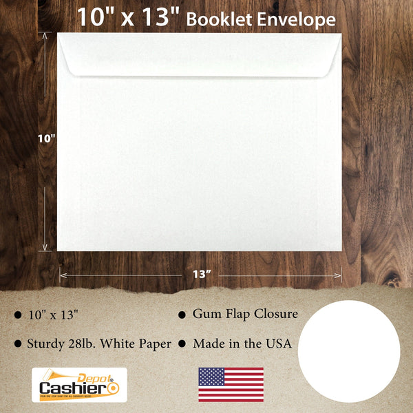 10" x 13" Booklet Envelopes, Heavy 28 lb. White Wove, Strong Gum Flap, Open Side (GF1013NW) - Cashier Depot