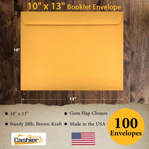 10" x 13" Booklet Envelopes, Sturdy 28lb. Brown Kraft, Gum Flap - Cashier Depot