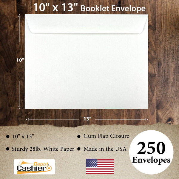 10" x 13" Booklet Envelopes, Sturdy 28lb. White, Gum Flap - Cashier Depot