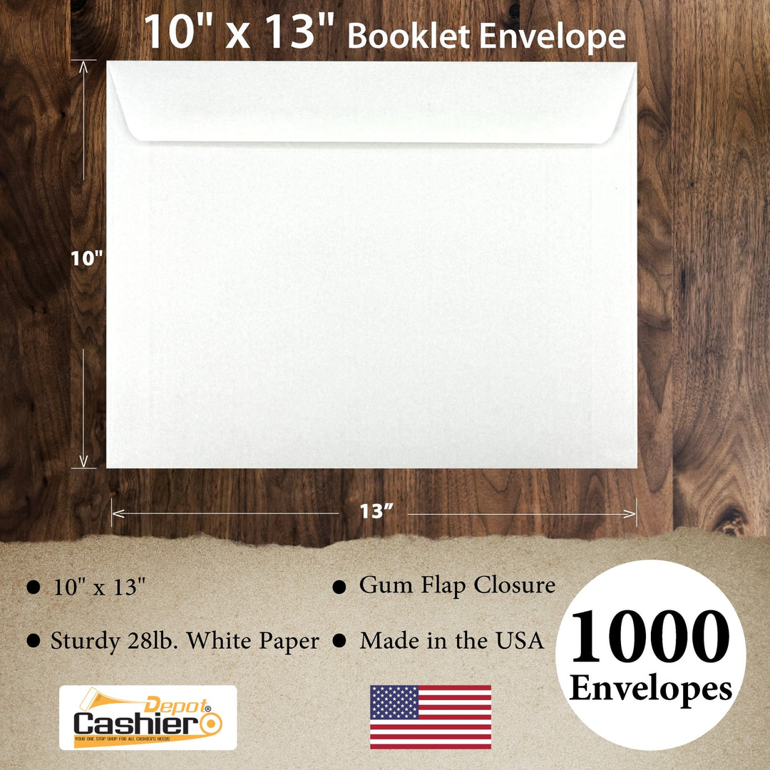10" x 13" Booklet Envelopes, Premium 28lb. White, Gum Flap Cashier Depot