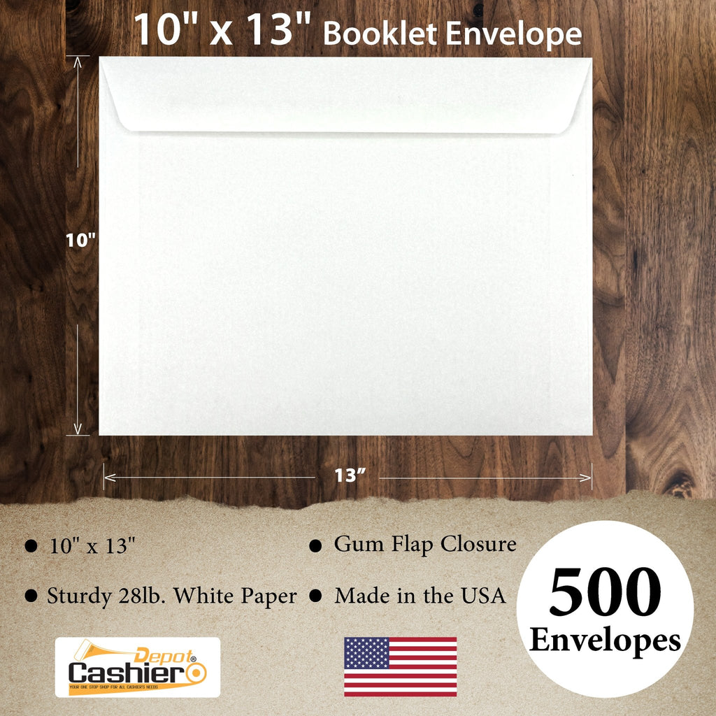 10" x 13" Booklet Envelopes, Premium 28lb. White, Gum Flap Cashier Depot
