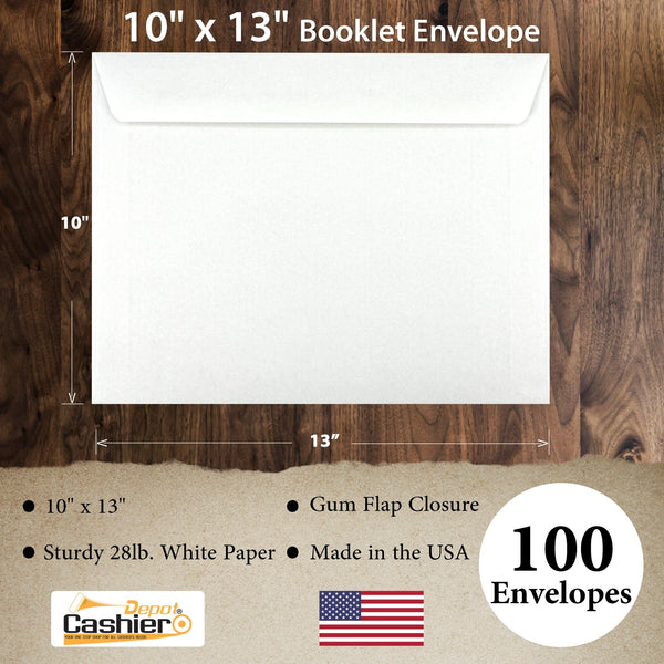 10" x 13" Booklet Envelopes, Sturdy 28lb. White, Gum Flap - Cashier Depot