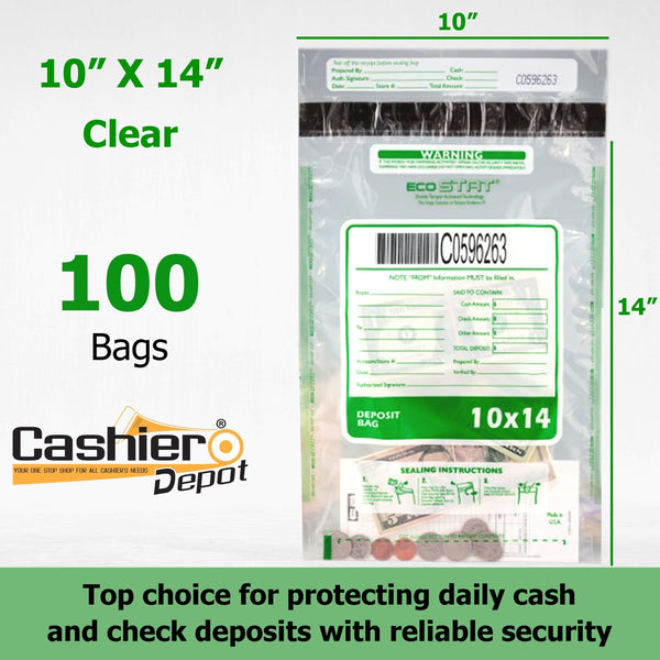 10" x 14" Clear Tamper Evident Bank Deposit Bags, Serialized Numbering & Barcode (CAS1014C) - Cashier Depot