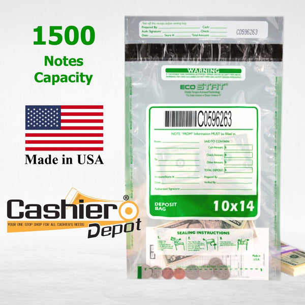 10" x 14" Clear Tamper Evident Bank Deposit Bags, Serialized Numbering & Barcode (CAS1014C) - Cashier Depot