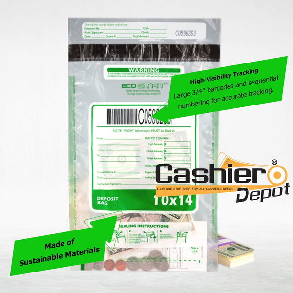 10" x 14" Clear Tamper Evident Bank Deposit Bags, Serialized Numbering & Barcode (CAS1014C) - Cashier Depot