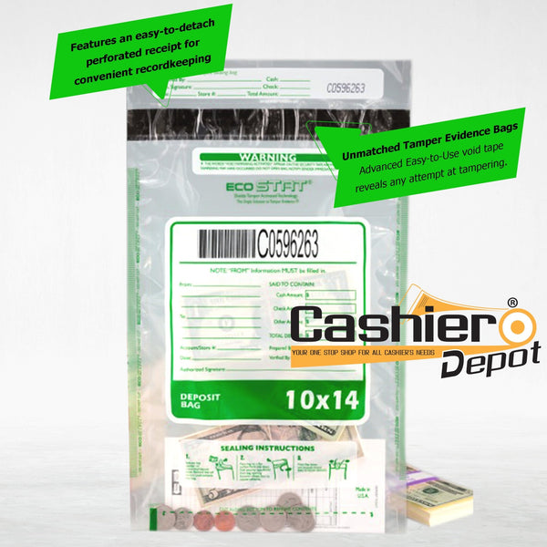 10" x 14" Clear Tamper Evident Bank Deposit Bags, Serialized Numbering & Barcode (CAS1014C) - Cashier Depot